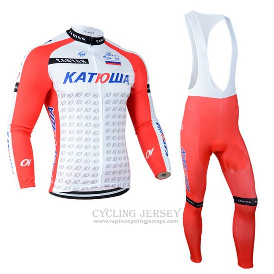 2014 Cycling Jersey Katusha White and Red Long Sleeve and Bib Tight
